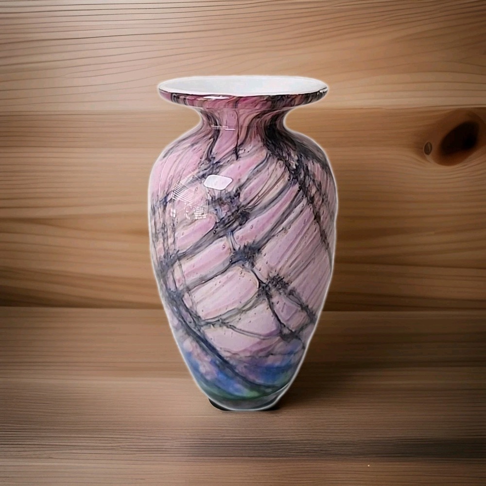 Vintage‎ '81 Nourot Glass Studio Signed David Lindsay Pink&Gray 4.25" Glass Vase